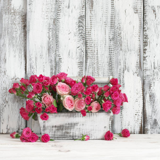 istock Bouquet of pink roses in box 671317656