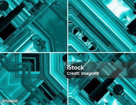 istock Blue aluminum background  Four illustrations  set. Metal pipes and abstract technological components. industrial concept. 671318620