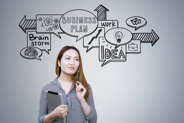 istock Asian woman and business speech bubbles 671323836