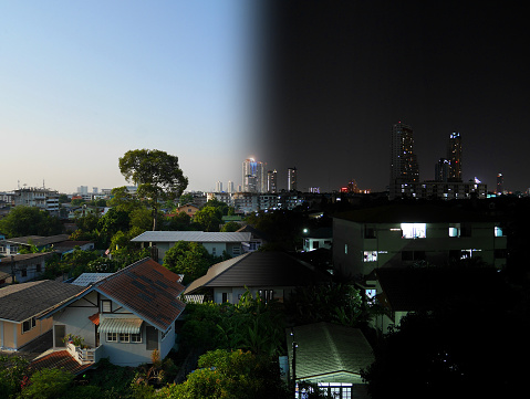 Day and night image of suburban Thailand's Bangkok