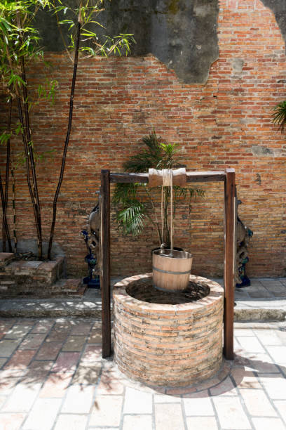 istock old rotten water well with  Pulley and Bucket 671346384