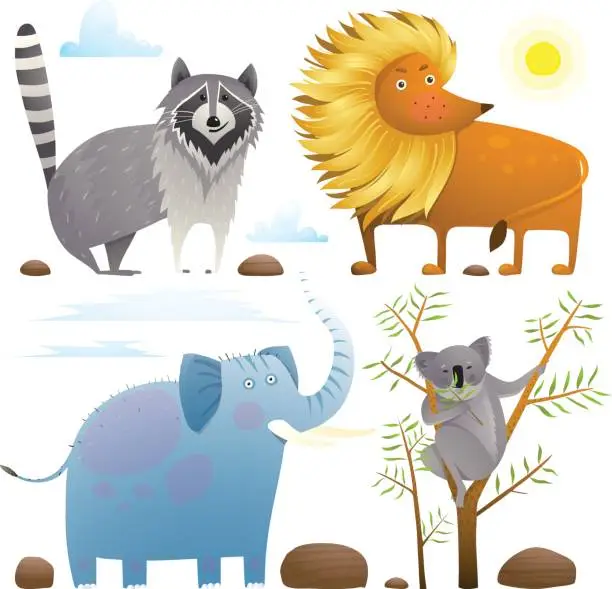 Vector illustration of Animals zoo clip art collection lion elephant raccoon koala design set