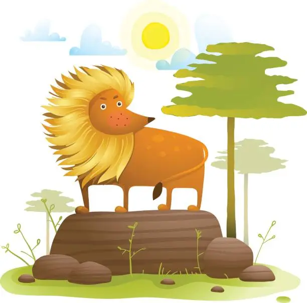 Vector illustration of Lion animal cartoon in wild nature with trees lawn and rock
