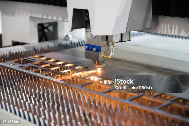 High Precision Cnc Gas Cutting Metal Sheet Working In Industry Factory Smart Industry Factory Concept Stock Photo - Download Image Now