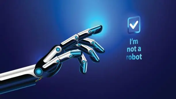 Vector illustration of the robot arm presses the button on the touchscreen