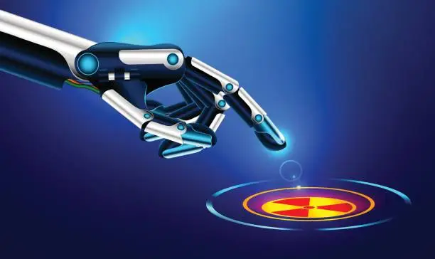 Vector illustration of the robot arm presses the index finger on the button with the icon of the nuclear danger