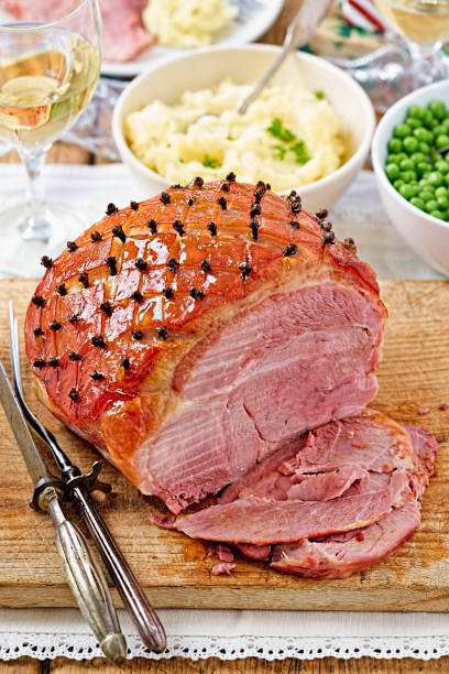 Christmas ham with cloves stock photo