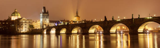 istock Charles bridge at night with water reflection, Prague, Czechia. 671365094