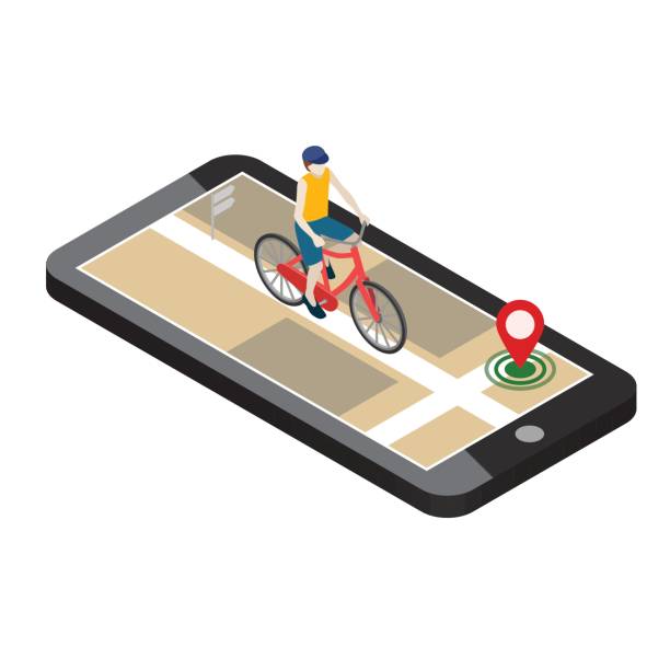 ilustrações de stock, clip art, desenhos animados e ícones de isometric location. mobile geo tracking. male cyclist riding on a bicycle. map - people traveling global positioning system travel mobile phone