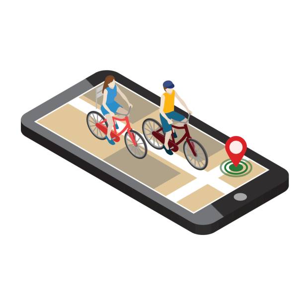 ilustrações de stock, clip art, desenhos animados e ícones de isometric location. mobile geo tracking. female and male cyclists riding on a bicycle. map - people traveling global positioning system travel mobile phone