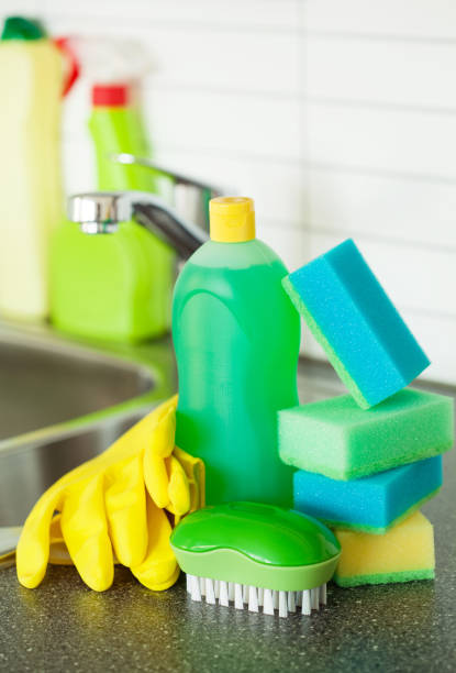 istock cleaning items household kitchen brush sponge glove 671368660