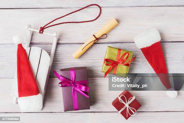 Christmas Decoration On White Wooden Background Stock Photo - Download Image Now - Advent, Belarus, Box - Container