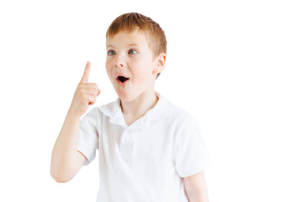 istock Little boy stand on white background and show his emotions 671371626