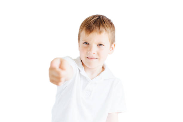 istock Little boy stand on white background and show his emotions 671371628