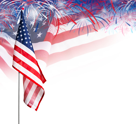 USA flag with fireworks on white background