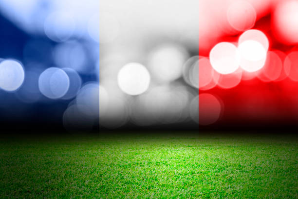 soccer field and bokeh with france flag - grass area flash imagens e fotografias de stock