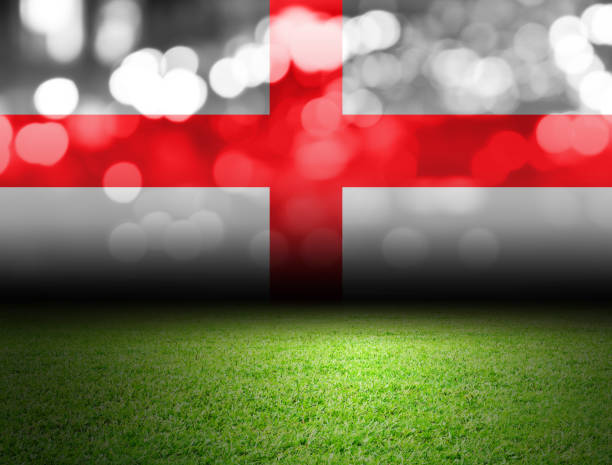 England national football team. National Flag on green grass and soccer ball. Football wallpaper for Championship and Tournament in 2022. World international match.