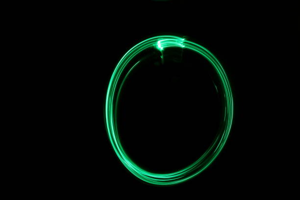 Long exposure photography. A circle shape 'light painted' by green fairy lights, against a clean, black background