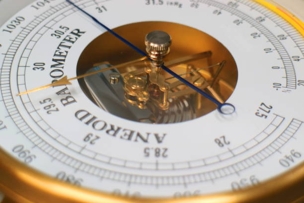istock Closeup of Aneroid barometer hygrometer thermometer device 671381934