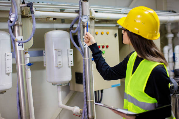 istock Woman worker checking pressure in boiler room 671383004