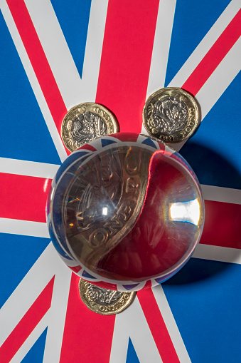 Crystal Ball with new UK 1 Pound Coin and Union Jack Flag