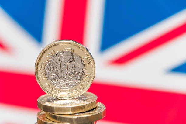 istock New UK 1 Pound Coin and Union Jack Flag 671385536
