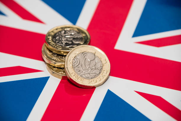 istock New UK 1 Pound Coin and Union Jack Flag 671385680