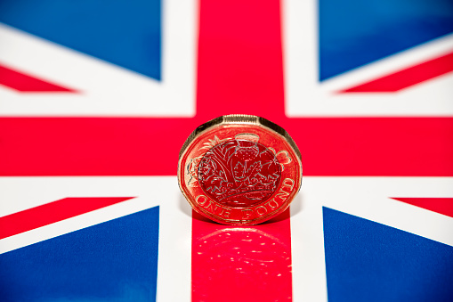 New UK 1 Pound Coin with British union jack flag.
