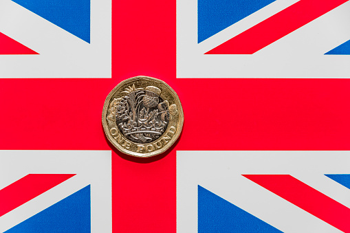 One 2017 UK 1 Pound Coin and Union Jack Flag