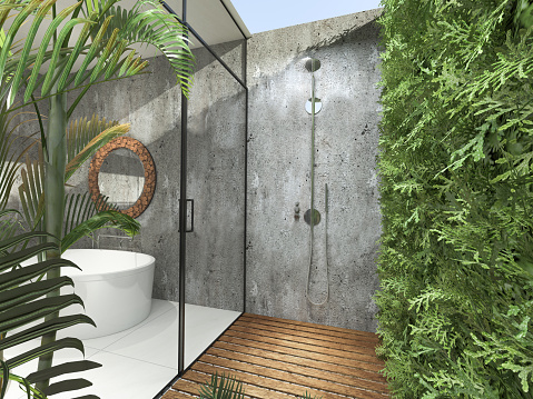 Render of modern tropical bathroom
