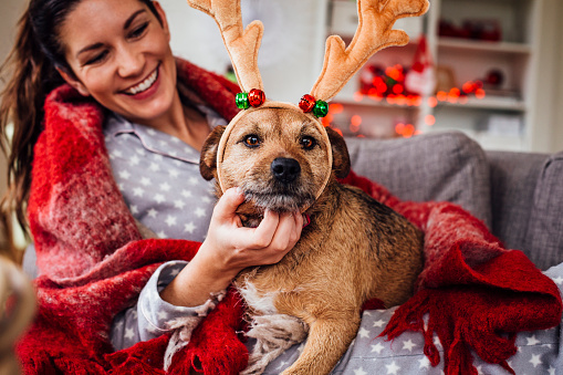 Woman sitting with her feet up on a sofa relaxing with her pet dog. She is wearing her pyjamas and looking happy. Her dog is wearing novelty antlers