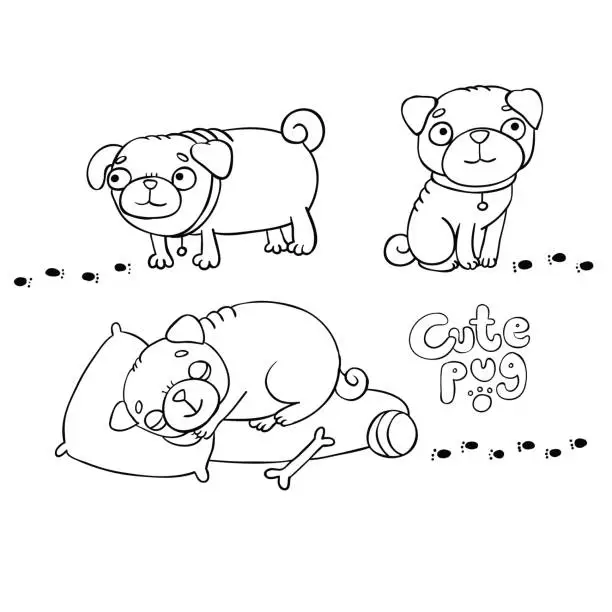 Vector illustration of Set of little pugs. Cute animals.