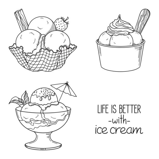 Ice cream in bowls set Set of hand drawn ice cream served in glass, waffle and paper bowls chocolate chip cookie drawing stock illustrations