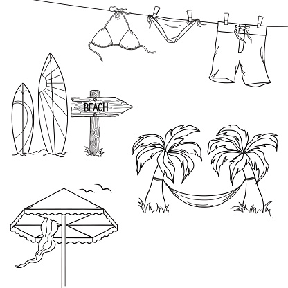 Set of hand drawn design elements for summer holidays and beach rest