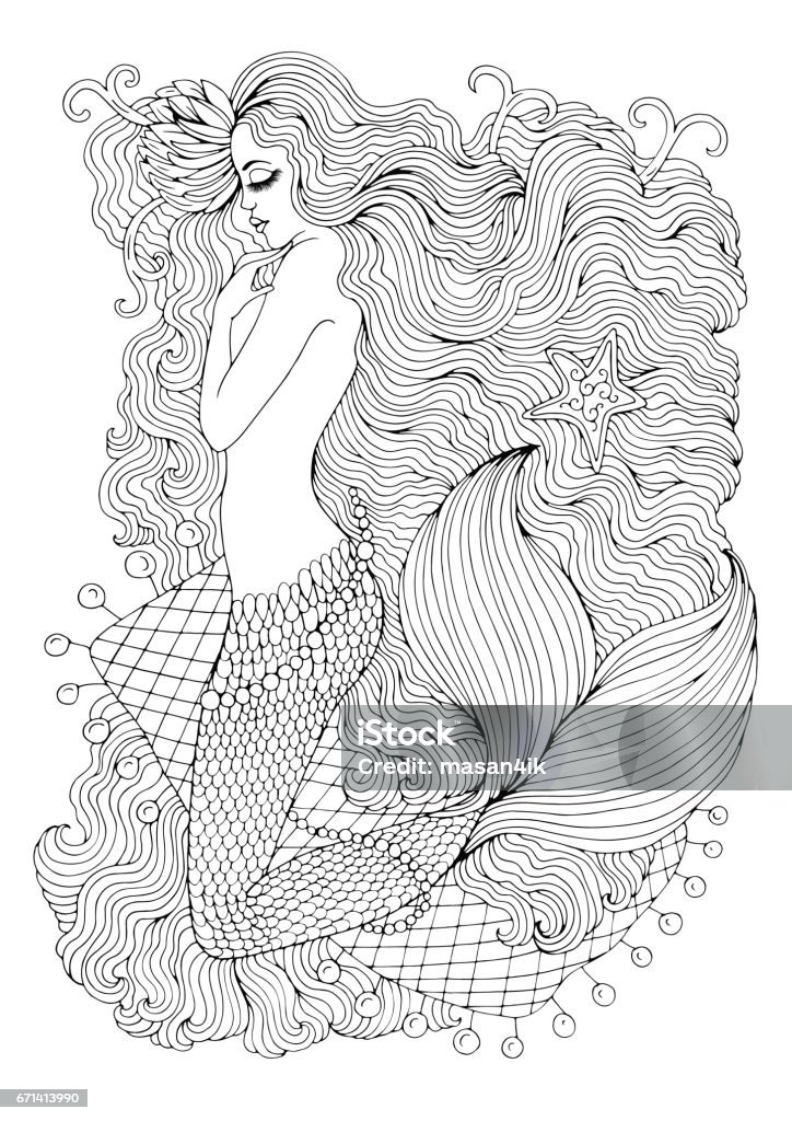Fantastic sea mermaid with water lily in long wavy hair on the web Vector drawing fantastic sea mermaid with water lily in long wavy hair on the web. Ornamental decorated graphic illustration of a mermaid tattoo. Coloring  page sea nymph. Fairy tale characters. Mermaid stock vector