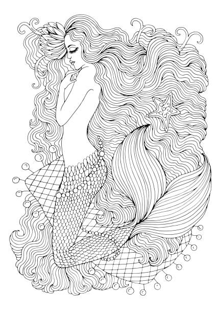 Fantastic sea mermaid with water lily in long wavy hair on the web Vector drawing fantastic sea mermaid with water lily in long wavy hair on the web. Ornamental decorated graphic illustration of a mermaid tattoo. Coloring  page sea nymph. Fairy tale characters. mermaid dress stock illustrations