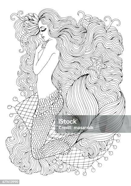 Fantastic Sea Mermaid With Water Lily In Long Wavy Hair On The Web Stock Illustration - Download Image Now