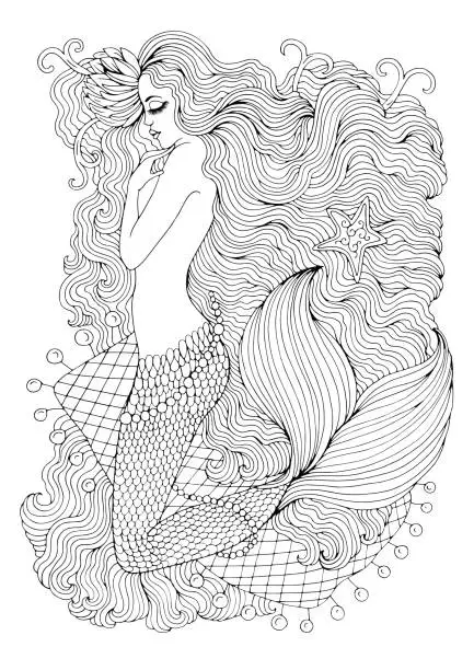 Vector illustration of Fantastic sea mermaid with water lily in long wavy hair on the web