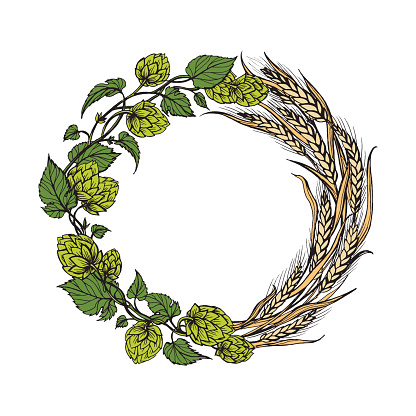 a wreath of ears of wheat and hops