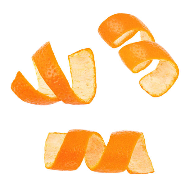 set of curl mandarin peel isolated on white background - torcido imagens e fotografias de stock