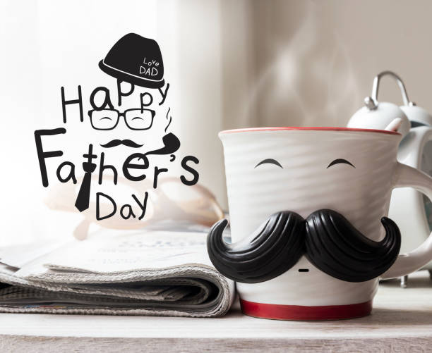 istock Cup with mustache on wooden table for fathers day concept 671415554
