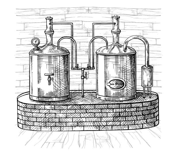 ilustraciones, imágenes clip art, dibujos animados e iconos de stock de fila de tanques y barril de cerveza de la cervecería - alambique