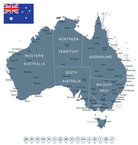 Australia - map and flag â illustration Australia map and flag - highly detailed vector illustration australia cartography map queensland stock illustrations