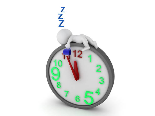 illustrazioni stock, clip art, cartoni animati e icone di tendenza di carattere 3d che si addormenta sopra l'orologio gigante - all nighter