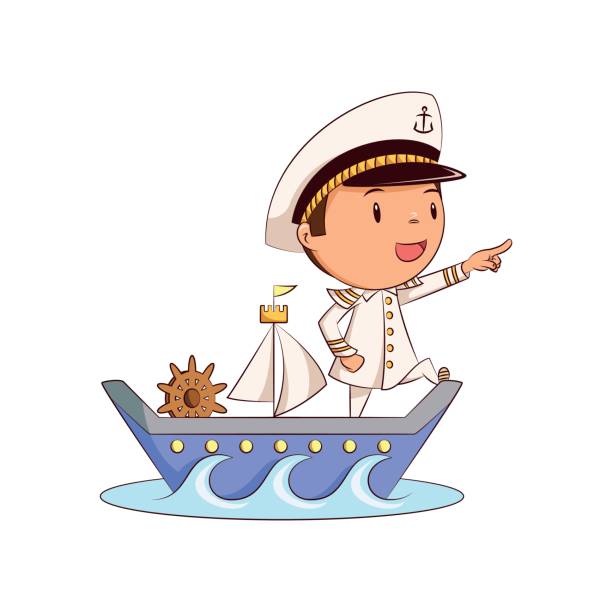 Child ship captain Child ship captain, cute kid, sailing, wearing sailor hat, white uniform, leading boat, happy cartoon character, young man person, vector illustration, isolated white background marines navy sea captain stock illustrations