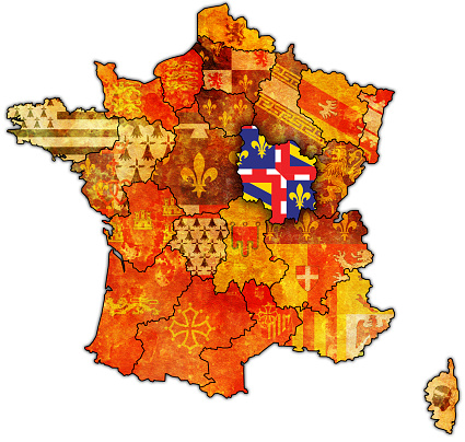 Burgundy on old map of france with flags of administrative divisions