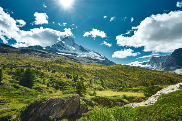 Snow capped mountains and blue sky. Beautiful mountain landscape with views of the Matterhorn peak in Pennine alps, Switzerland.