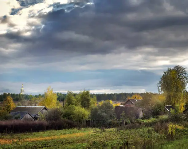 Russian nest-village in the center of Russian religiosity, the Holy Trinity Seraphim-Diveevsky Monastery (Russia, Diveevo) on a sunny autumn day against a cloudy sky