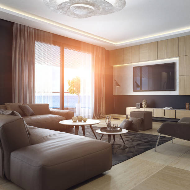 istock Luxury living room interior with TV 671455600
