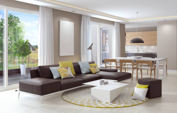 istock Fresh modern light living room, dining and kitchen interior 671455926